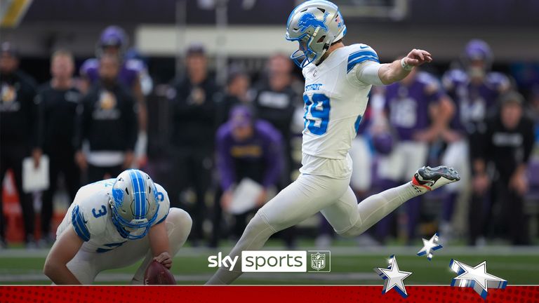 Detroit Lions place-kicker Jake Bates (39) kicks a 44-yard field goal out of the hold of Jack Fox (3) against the Minnesota Vikings during the second half of an NFL football game Sunday, Oct. 20, 2024, in Minneapolis. (AP Photo/Abbie Parr)


