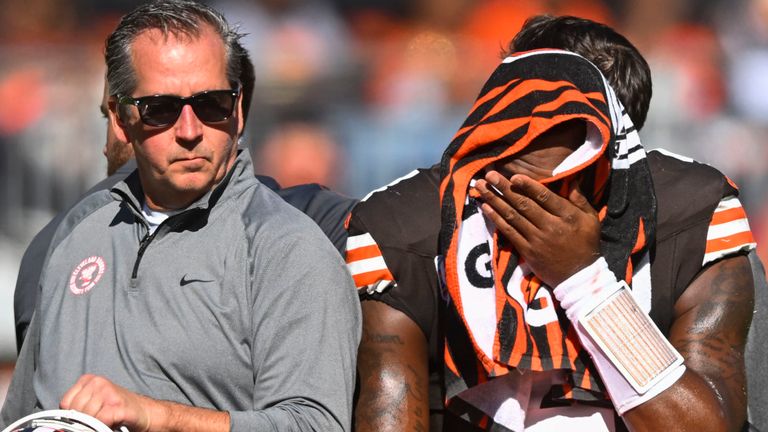 Cleveland Browns quarterback Deshaun Watson (4) is carted off the field after being injured in the first half of an NFL football game against the Cincinnati Bengals, Sunday, Oct. 20, 2024, in Cleveland. (AP Photo/David Richard) 