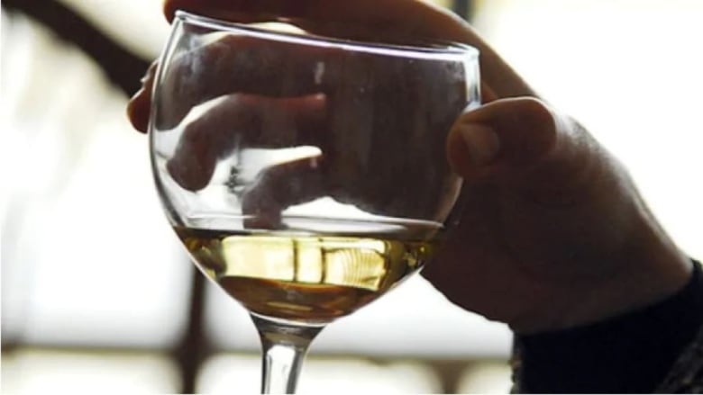 A close up image of a hand holding a glass of white wine