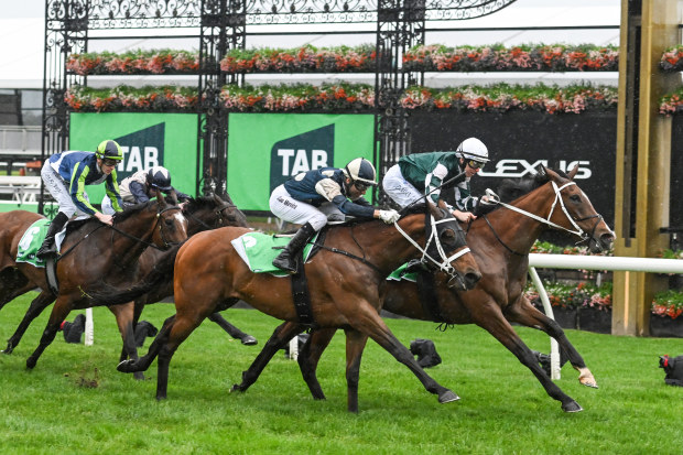 Damian Lane riding Via Sistina (right) defeats Joao Moreira riding Buckaroo to win the Turnbull Stakes.