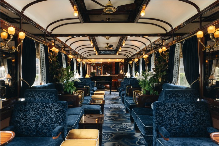 The bar on the Venice Simplon-Orient-Express has a baby grand piano