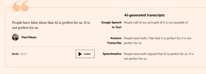 Quote by Paul Meyer saying “People have false ideas that AI is perfect for us. It is not perfect for us.” His voice transcribed by Google Speech to Text reads “People half of our principle of it is not possible of”