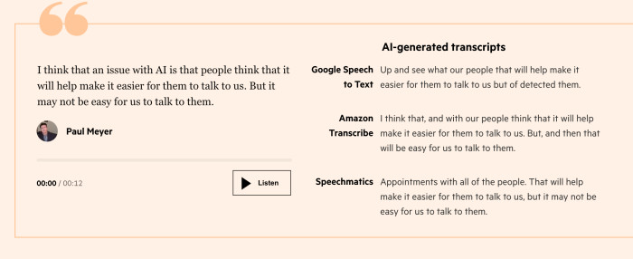 Quote by Paul Meyer saying “I think that an issue with AI is that people think that it will help make it easier for them to talk to us. But it may not be easy for us to talk to them.” His voice transcribed by Google Speech to Text reads “Up and see what our people that will help make it easier for them to talk to us but of detected them.”