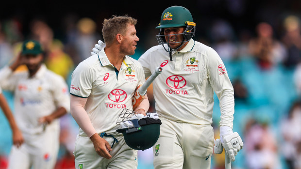 David Warner of Australia (L) and Usman Khawaja of Australia leave the field after day one of the Men's Third Test Match in the series between Australia and Pakistan at Sydney Cricket Ground on January 03, 2024 in Sydney, Australia. (Photo by Mark Evans/Getty Images)