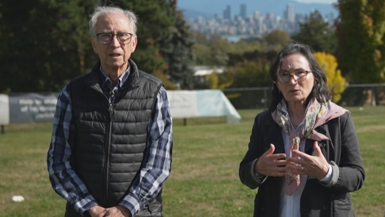 A man and a woman stand on a grassy lawn.  