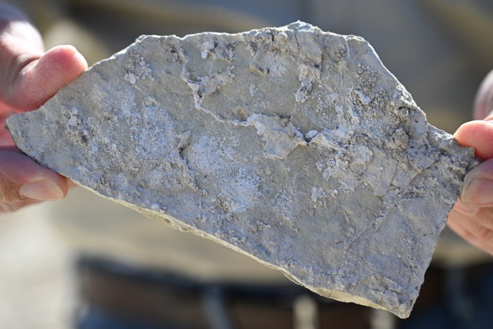 A piece of searlesite, a rock that contains both lithium and boron, is displayed during a visit to the Rhyolite Ridge Project Lithium-Boron mining project site in Rhyolite Ridge, Nevada