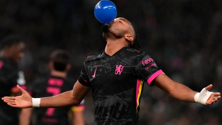 Chelsea's Christopher Nkunku celebrates after scoring his side's fourth goal during the Europa Conference League opening phase soccer match between Panathinaikos and Chelsea at the Olympic stadium in Athens, Greece, Thursday, Oct. 24, 2024. (AP Photo/Petros Giannakouris)