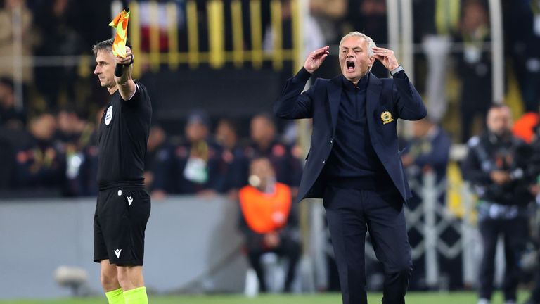 Jose Mourinho reacts to a decision before his red card during Fenerbahce's Europa League game against Manchester United