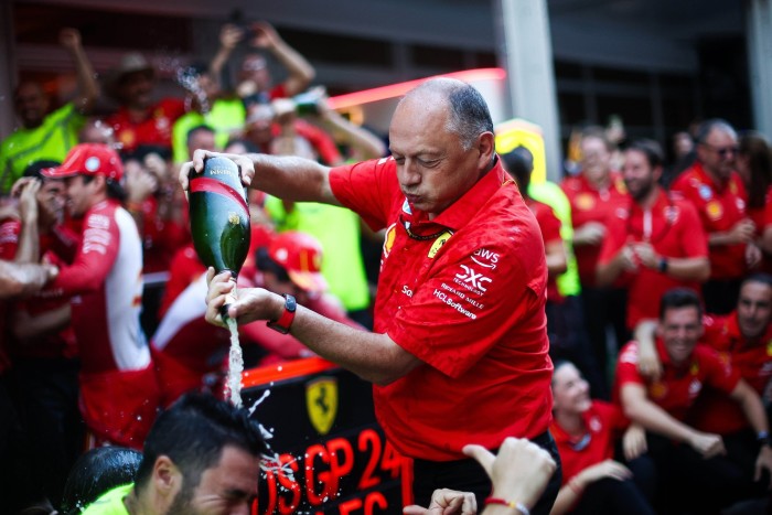 Frédéric Vasseur celebrates the Ferrari first and second place finish at the US Grand Prix in Austin, Texas earlier this month