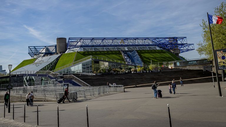 View of the Accor Arena, in Paris, Saturday, April 13, 2024. The Accor Arena will host the Artistic gymnastics, basketball and Trampoline events for the Paris 2024 Olympic Games. (AP Photo/Aurelien Morissard)