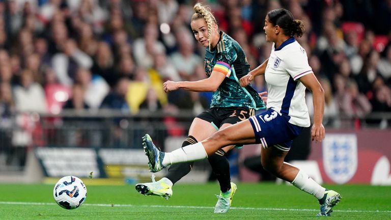 Germany's Giulia Gwinn scores her sides second goal of the game during the international friendly match at Wembley Stadium, London. Picture date: Friday October 25, 2024.
