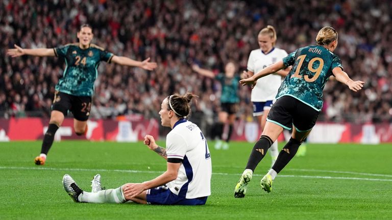 Klara Buhl (right) celebrates after scoring Germany's third.