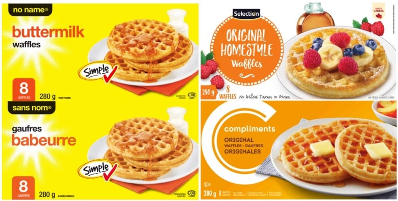 A composite image shows the front of three different frozen waffle packages, including no name, Selection and Compliments waffles. The packages all show photos of waffles on them. 