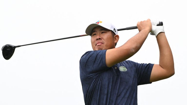 An Byeong-hun tees off on the 6th hole during the final round of the Genesis Championship golf tournament at Jack Nicklaus Golf Club Korea