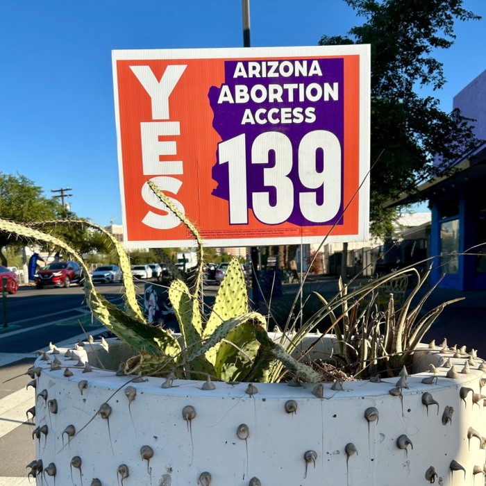 Political signs ahead of the US election in downtown Phoenix, Arizona.