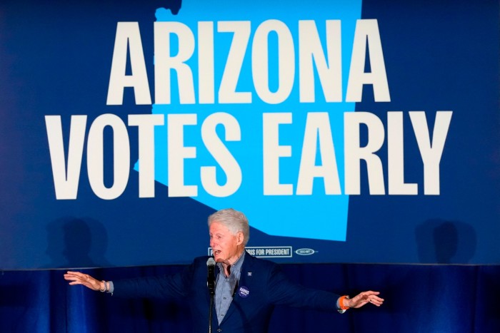 Former President Bill Clinton speaks at a campaign event supporting Democratic presidential nominee Vice President Kamala Harris