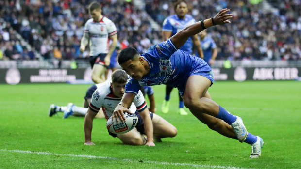 Deine Mariner of Samoa scores his sides second try during the Autumn International Series test match between England and Samoa at Brick Community Stadium on October 27, 2024 in Wigan, England. (Photo by Jess Hornby/Getty Images)