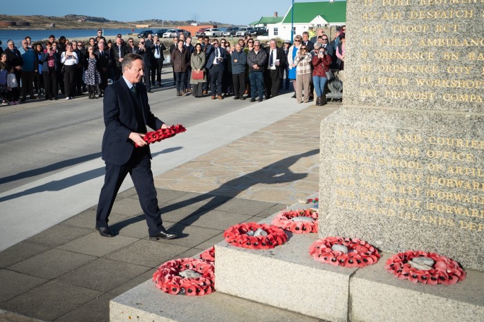 David Cameron attends a wreath-laying ceremony at the Falklands conflict memorial in Port Stanley in February