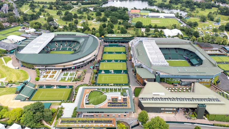 WIMBLEDON: An aerial view of Wimbledon's Centre and Number one courts as the ground prepares for this years tournament. All flight permission granted..Photograph By Chris Gorman / Big Ladder 18th June 2024.