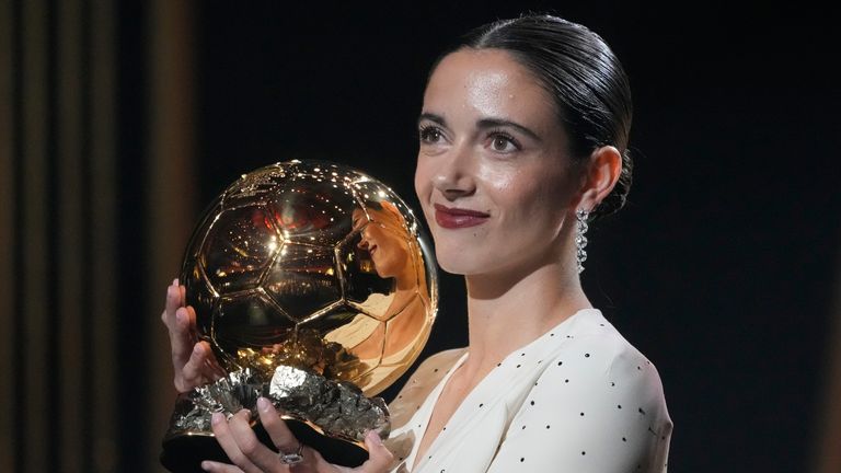 Barcelona's Aitana Bonmati, receives the 2024 Women's Ballon d'Or award during the 68th Ballon d'Or (Golden Ball) award ceremony at Theatre du Chatelet in Paris, Monday, Oct. 28, 2024. (AP Photo/Michel Euler)