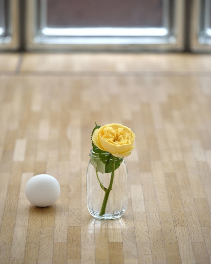 ‘Untitled’, 2024, by Rei Naito: a yellow flower in a transparent glass jar beside a small white ball on a wooden floor