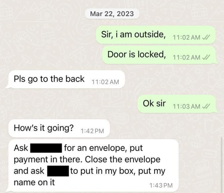 In a screenshot of a WhatsApp message from March 20, 2023, Lamba reminds the worker of the “Wednesday at 11am is the start time,” for his first shift. Then, Lamba instructs him to “bring payment with you as well.” Lamba later tells the worker to put his payment in an envelope and ask a Turtle Jack’s supervisor to put the payment in Lamba’s “box” and put his name on it.