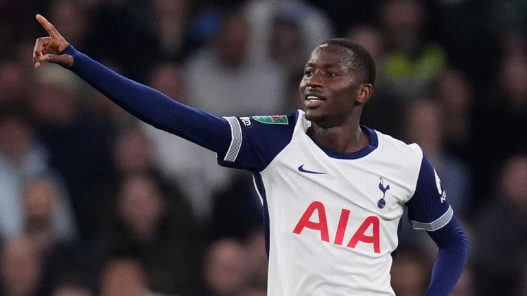 Tottenham's Pape Matar Sarr celebrates scoring their second goal of the game