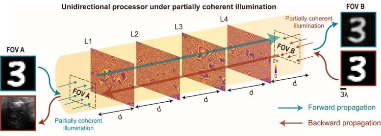 Unidirectional Diffractive Processor in Action