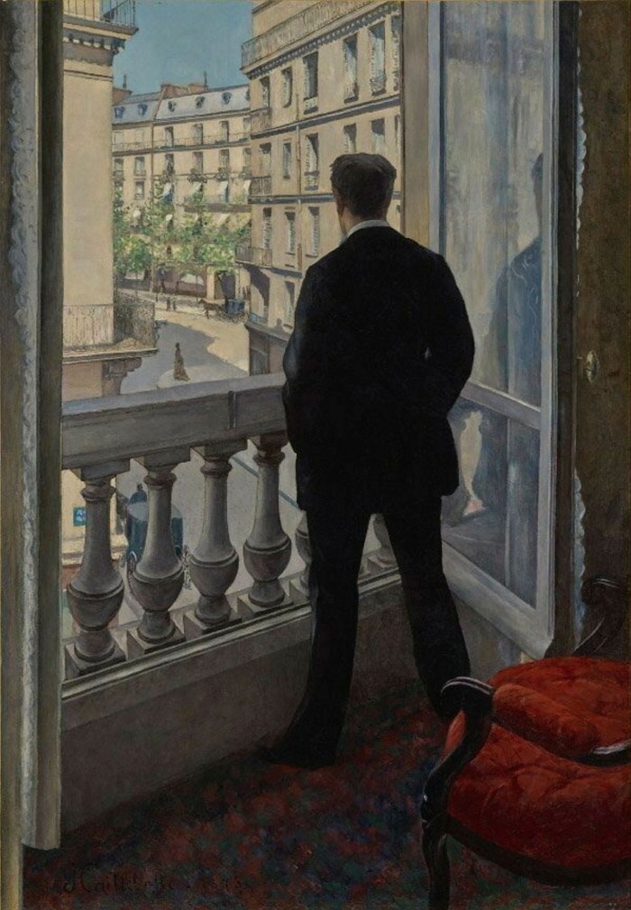 Painting of a man seen from behind standing with his legs apart and hands in his pockets, looking out of an open window past a balcony at five and six storey blocks of apartments