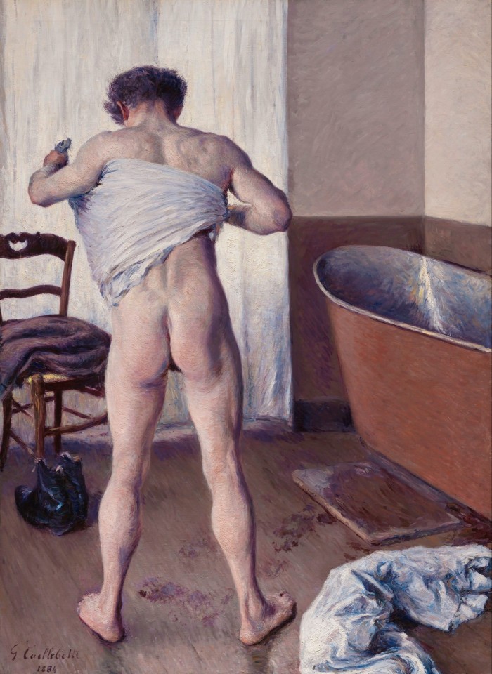 Painting of a naked man seen from behind towelling himself dry standing next to a bath