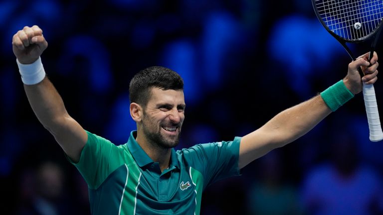 Serbia's Novak Djokovic celebrates after winning the singles final tennis match of the ATP World Tour Finals at the Pala Alpitour, in Turin, Italy, Sunday, Nov. 19, 2023. (AP Photo/Antonio Calanni)