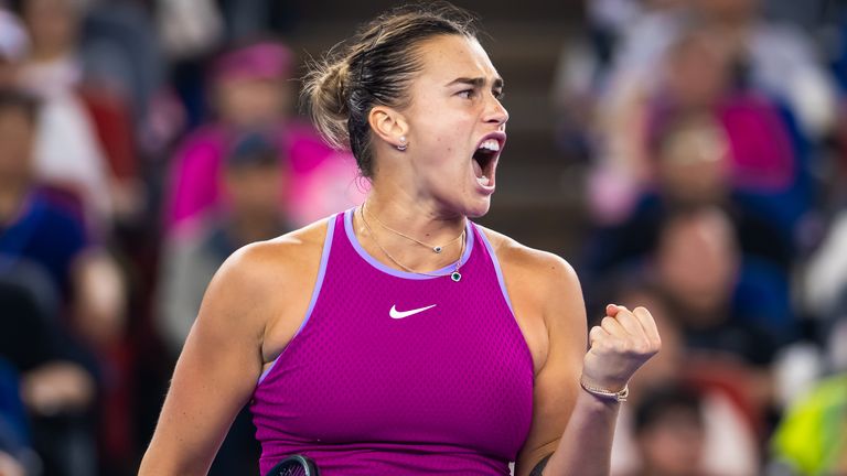 Aryna Sabalenka reacts while playing against Qinwen Zheng of China in the final of the Wuhan Open