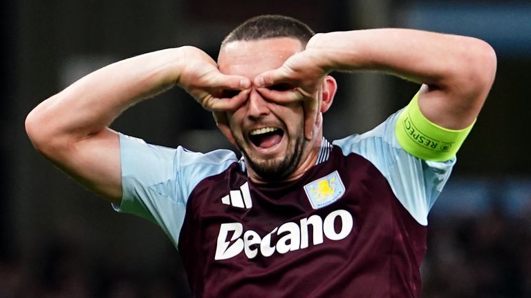 John McGinn celebrates putting Aston Villa ahead against Bologna in the Champions League