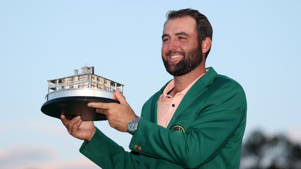 Scottie Scheffler of the United States poses with the Masters trophy after winning the 2024 Masters Tournament at Augusta National Golf Club on April 14, 2024 in Augusta, Georgia. (Photo by Warren Little/Getty Images)