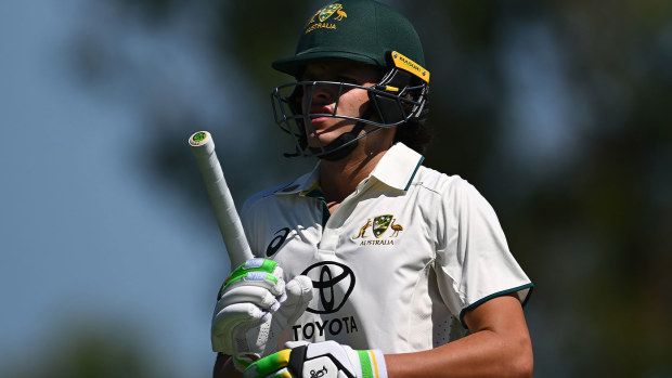 Sam Konstas walks off after being dismissed in an Australia A match.