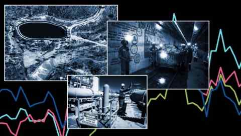 Montage of Arroyo de la Pena del Hierro, Spain,  Mopani Glencore copper mine in Kitwe, Zambia and Anglo American Plc Moranbah North Power Station in Moranbah, Queensland, Australia against black background with coloured chart lines