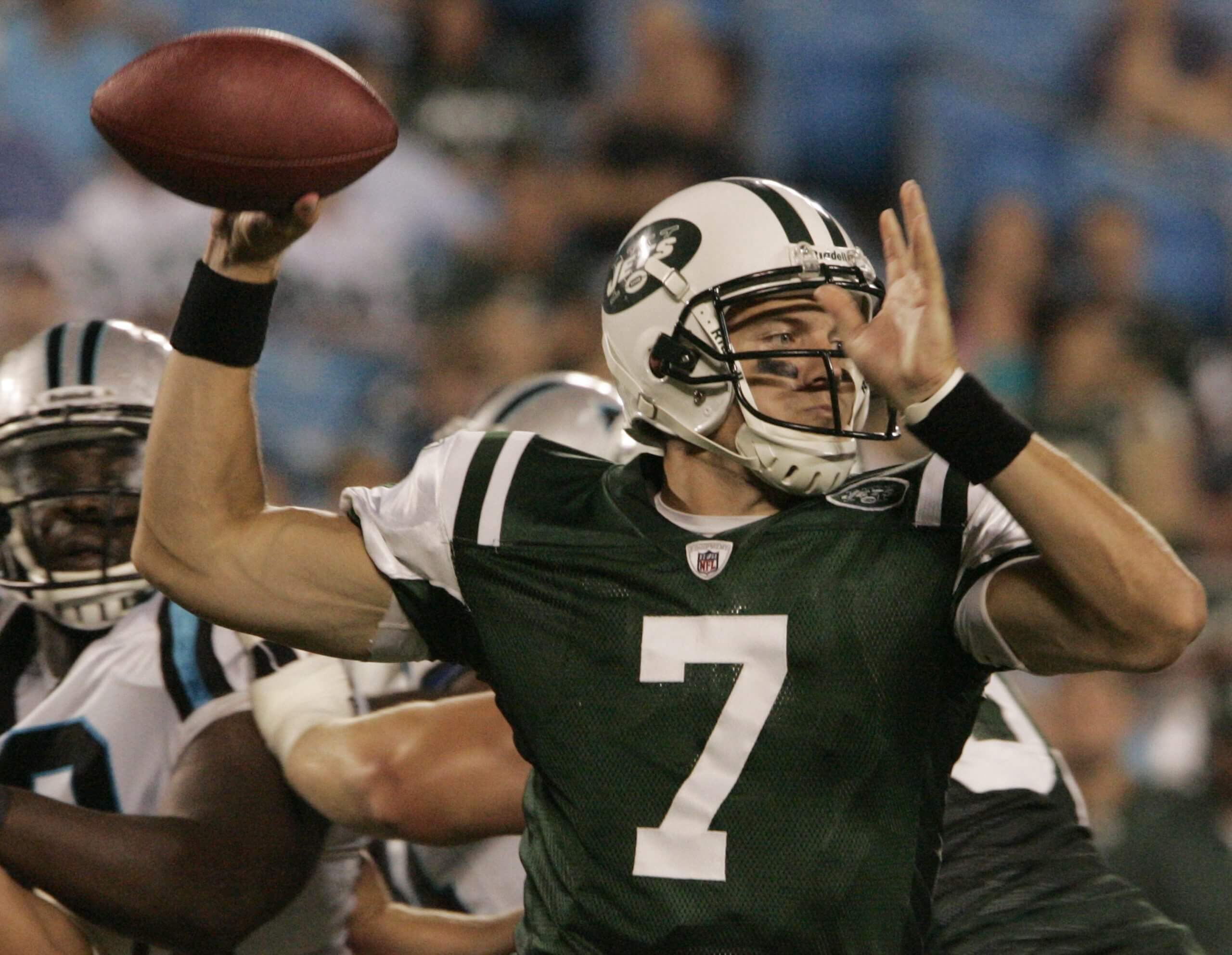 Quarterback Kevin O'Connell of the New York Jets throws during a preseason game against the Carolina Panthers at Bank of America Stadium on August 21, 2010 in Charlotte, North Carolina.