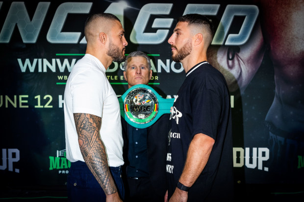 Tyson Pedro (left) faces off with Kris Terzievski at the Uncaged press conference.