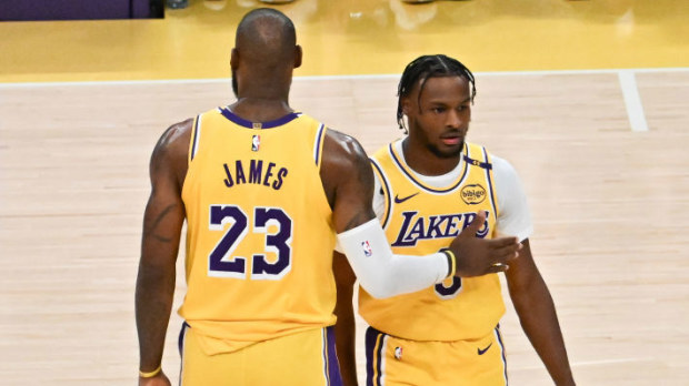 LeBron James #23  and Bronny James #9 of the Los Angeles Lakers.