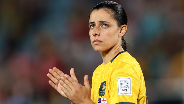 Alex Chidiac of Australia applauds fans after the team's 1-3 defeat following the FIFA Women's World Cup Australia & New Zealand 2023 Semi Final match between Australia and England at Stadium Australia on August 16, 2023 in Sydney, Australia. (Photo by Brendon Thorne/Getty Images)