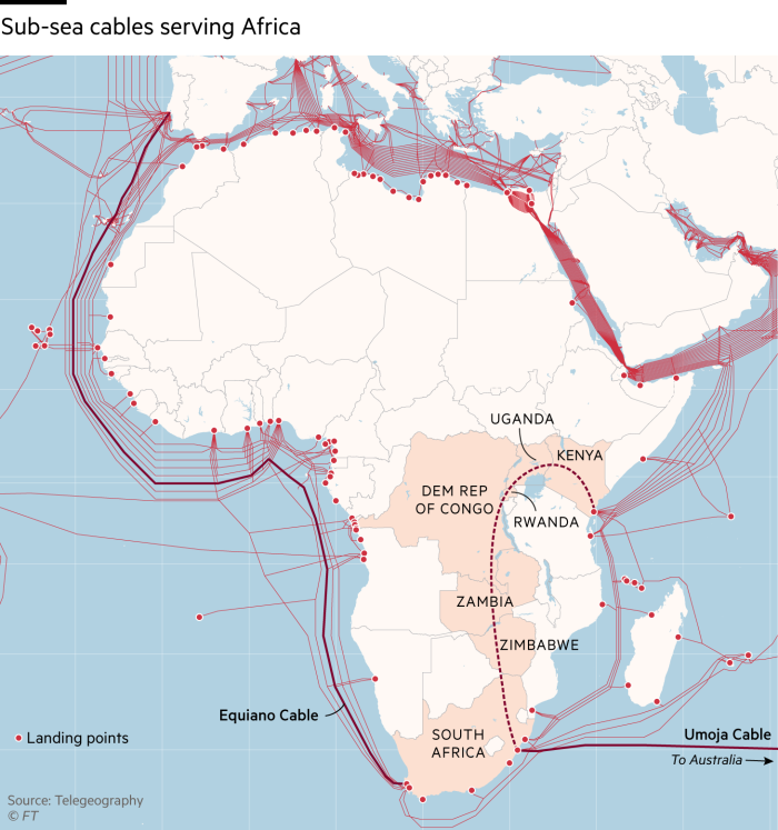 Map showing sub-sea cables serving Africa