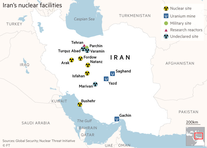 Map showing nuclear sites across Iran