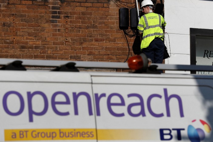 An Openreach engineer works on a telephone line in Manchester