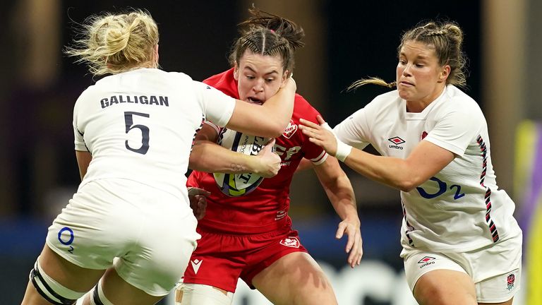 Alysha Corrigan of Canada charges into the defence during the WXV1 Pool match between Canada and England