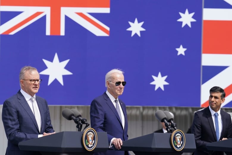 Britain's Prime Minister Rishi Sunak, right, meets with U.S. President Joe Biden and Prime Minister of Australia Anthony Albanese, left, at Point Loma naval base in San Diego, U.S., on March 13, 2023.