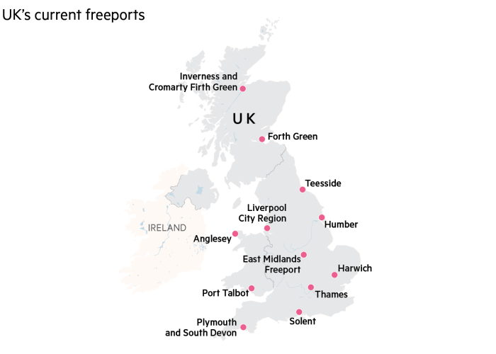 Map showing the UK's current freeports