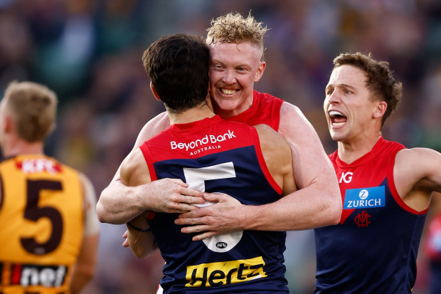 Demons Christian Petracca and Clayton Oliver during their round two match against Hawthorn.