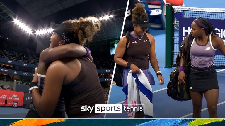 Coco Gauff shows a compassionate gesture as she carries off Naomi Osaka&#39;s bag off the court after Japanese player was forced to retire through a lower back injury. Thumb v2