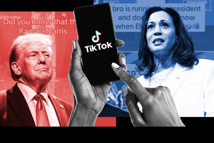 Montage featuring Donald Trump, Kamala Harris and the TikTok logo on the screen of a smartphone