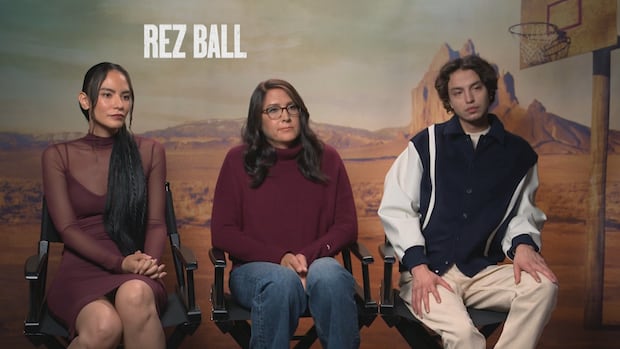 Jessica Matten, Sydney Freeland, Kauchani Bratt sit side by side in front of a wall that says REZ BALL.